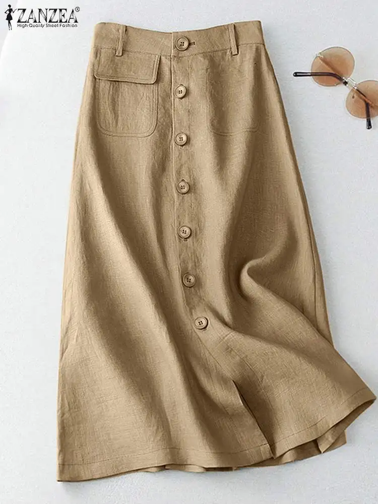 

Юбка ZANZEA Женская хлопковая средней длины, элегантная повседневная однотонная трапециевидная юбка на пуговицах, с завышенной талией, лето 2023