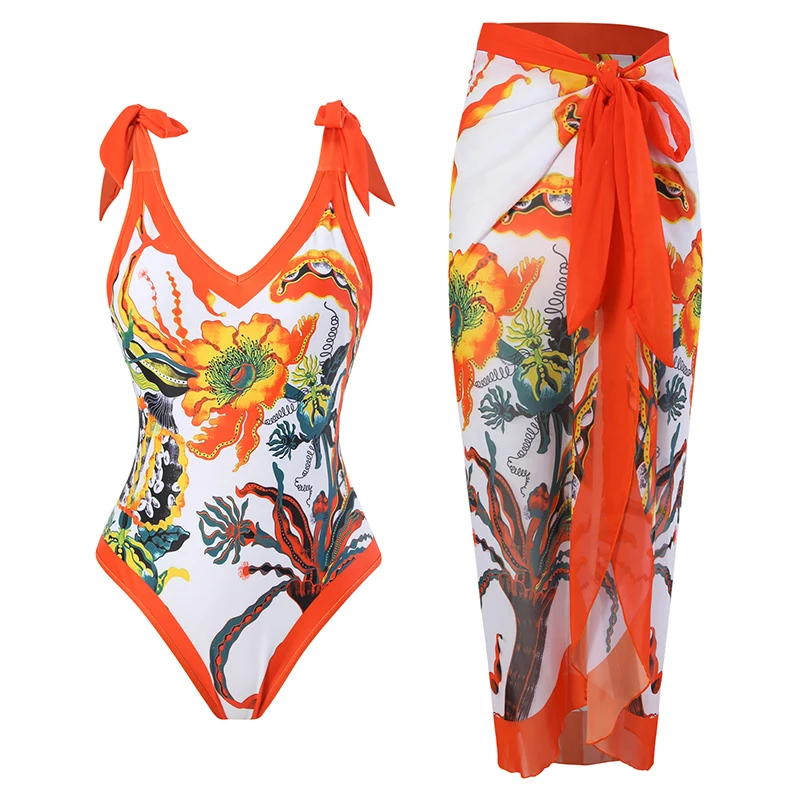 

2023 Floral Women's 2 Pack Bikini Swimsuits With Chiffon Wrap Sarong Bathing Suits Beach Long Cover Ups Skirt Swimwear Monokini