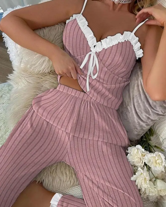 

Women's Pajama Set 2023 Comfort Camisole and Casual Pants Ruffle Hem Tied Detail Ribbed Cami Set Loungewear
