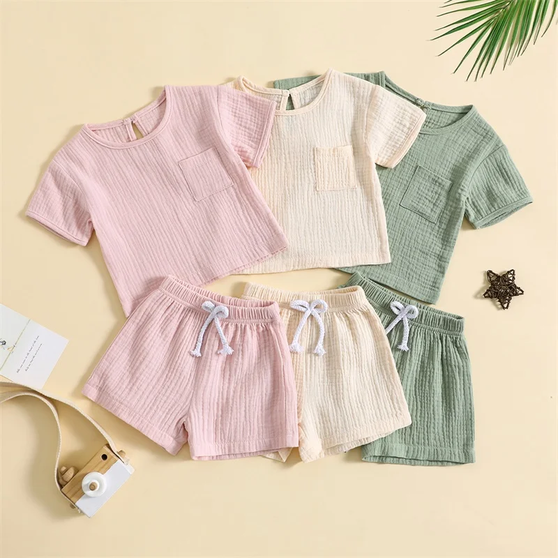 

Summer Children Clothing Sets Casual Short Sleeve Solid Color Pocket Tops Shorts Set Kid Clothes Fashion Toddler 2Pcs Outfits