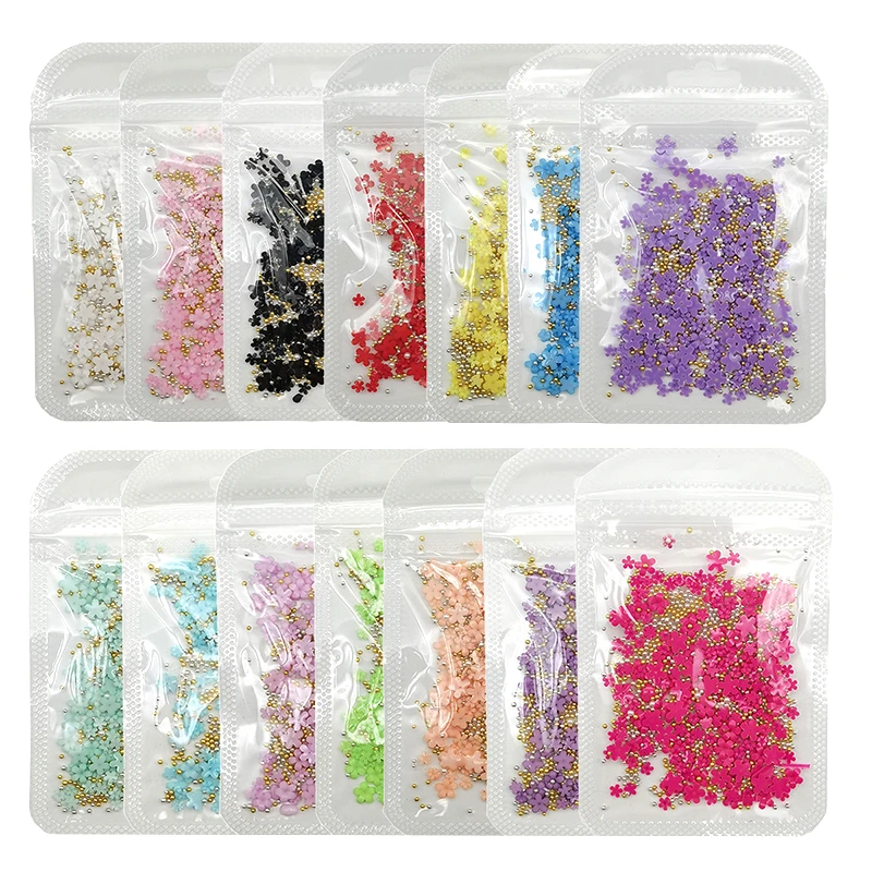 

200pcs/Bag Nail Decorations Five-Petal Flower Color Acrylic Flower Gold Silver Beads Nail Accessory Resin Rhinestone Nail Charms