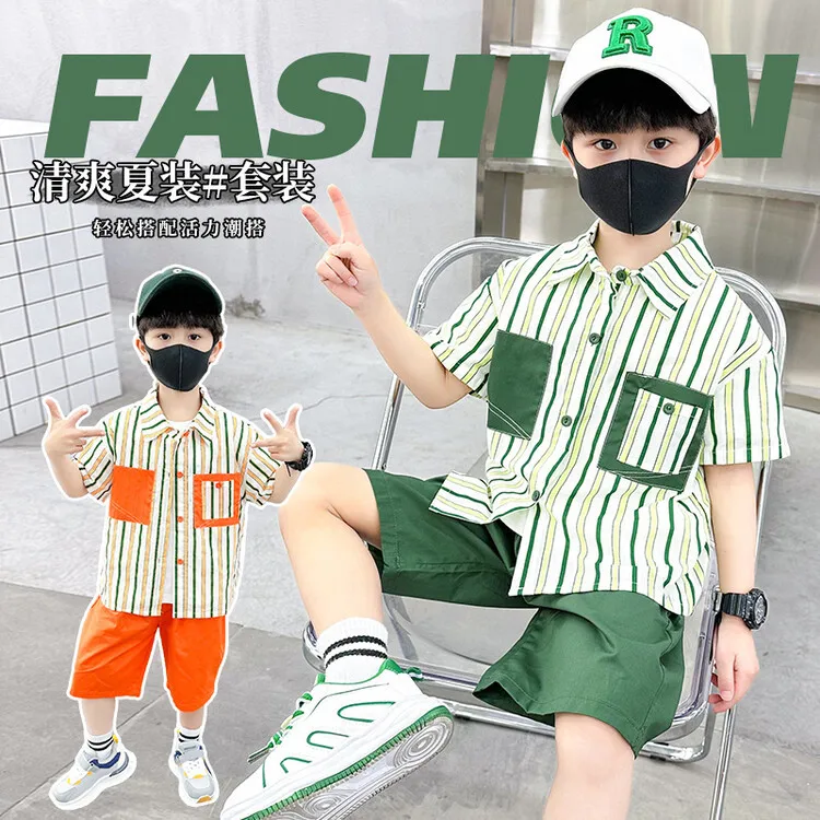 

Summer Boys' Vertical Shirt Short Sleeve Set Cotton New Style Children's Cool Casual Two Piece Clothing Korean Edition