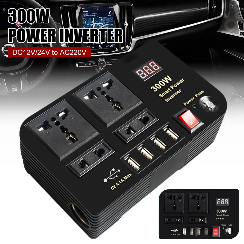 

300W Power Inverter DC 12V to AC 220V Car Charger Converter 4 Outlets with 4.1A 4 USB Ports Fast Charging Sine Wave Inverter