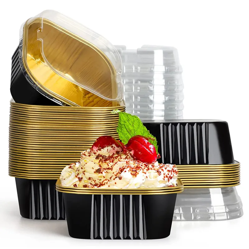 

50pcs 10oz Aluminum Foil Square Ramekins Cupcake Baking Cups with Lids Disposable Cake Cups Containers Wrappers Dessert Cups