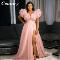 century elegant evening dress v neck pleats nude pink side split cap sleeves plus size prom party gownvestido de fiesta largos