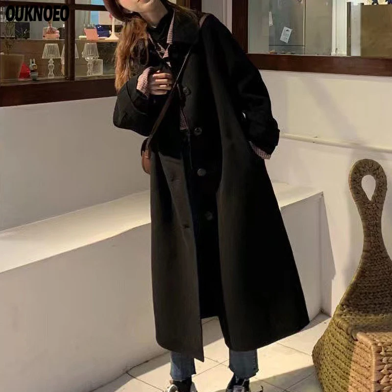 

Woman's Long Coat Black Fashion Korean Preppy Style Retro Windbreaker Casual Warm Wool Coat Spring Winter 2022 Women Thick Coat