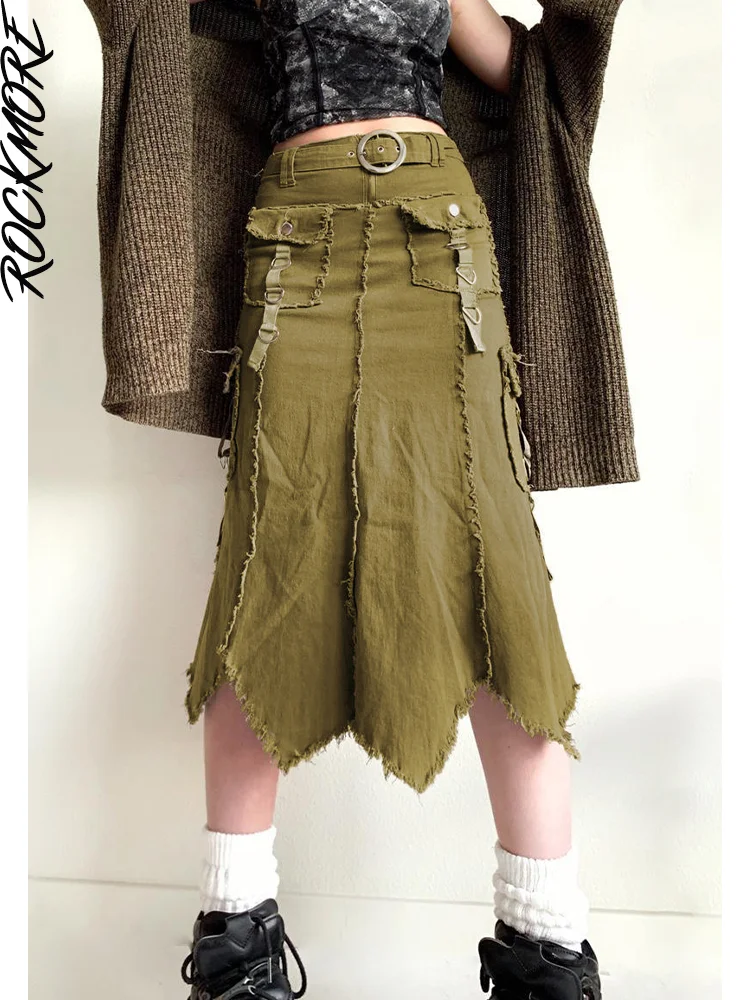 

Rockmore Vintage Patchwork Midi Skirt Y2K Aesthetic High Waist Women Skirts Streetwear Green Long Skirt Korean Vintage Grunge
