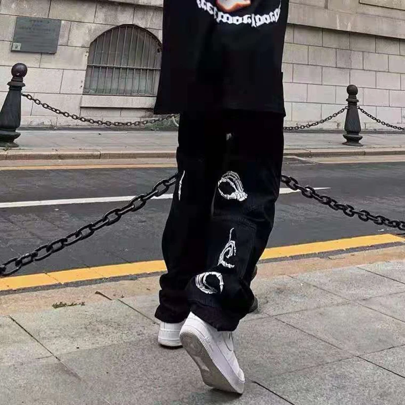 Y2k Emo Mens Black Harajuku Streetwear Alt Jeans Straight Fairy Grunge Wide Leg Pants Denim Trousers High Waist Oversize Clothes