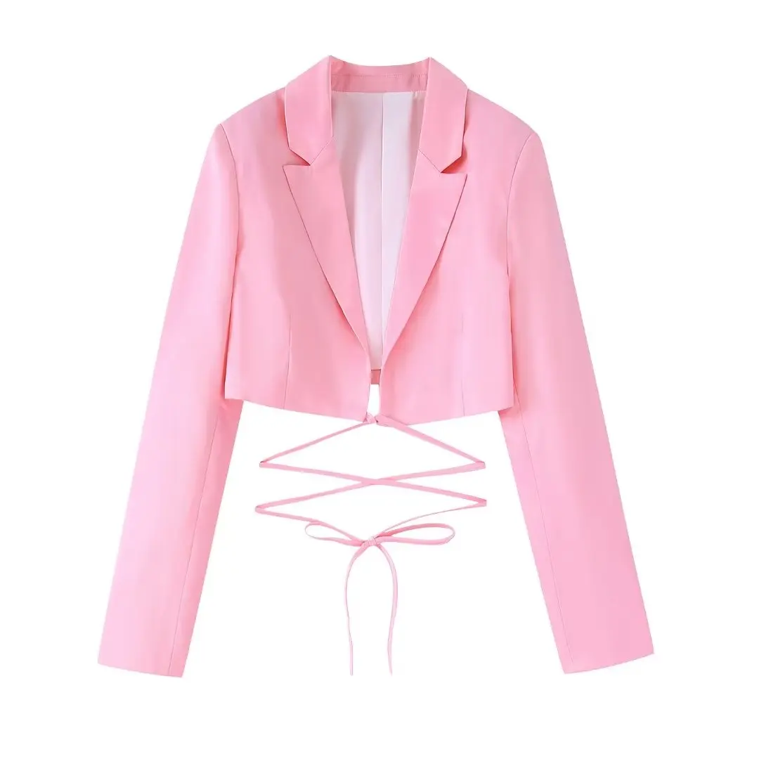 

2022 Women Fashion Front Tied Cropped Satin Blazer Coat Vintage Long Sleeve With Slit Cuffs Female Outerwear Chic Tops