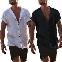 helisopus men linen short sleeve shirts summer beach solid color lapel cardigan casual loose short sleeve pockets tops t shirts