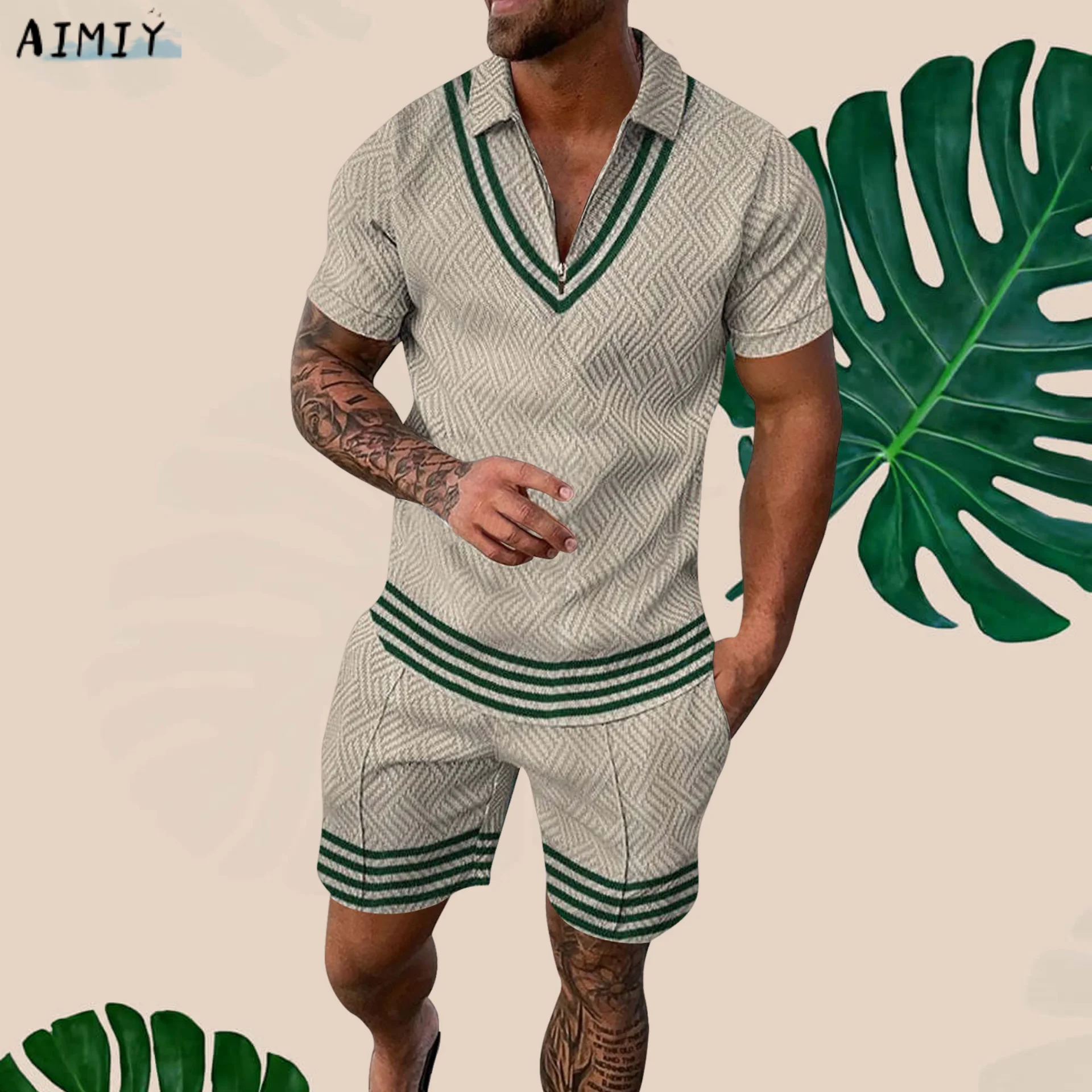 Men's Casual Polo Suit Luxury Printed Lapel Zipper Short Sleeve POLO Shirt + Drawstring Shorts 2-Piece Summer Fashion Party Wear
