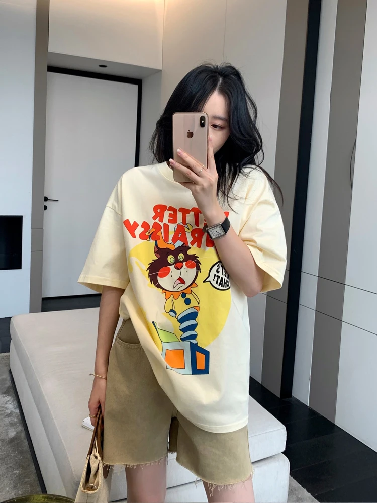 

2023 Summer New T-shirt Women's Fun Toy Cat Print Versatile Loose Cotton Mid length Casual Short Sleeve Fashion