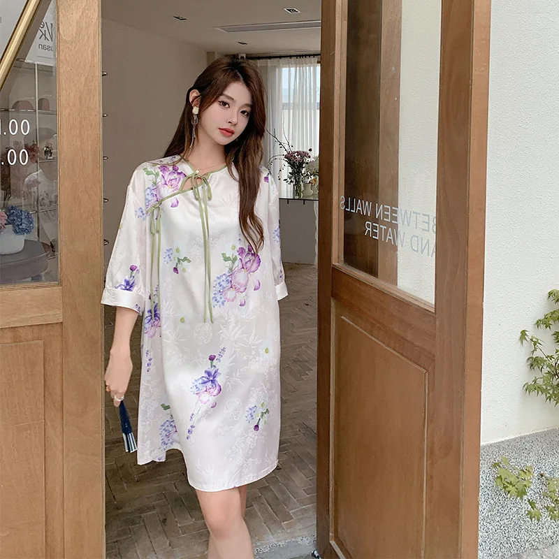 

Women Round Neck Nightgowns Sexy Floral Print Nightwear Lingerie Nighty Dress Satin Sleep Wear Half Sleeve Nightdress