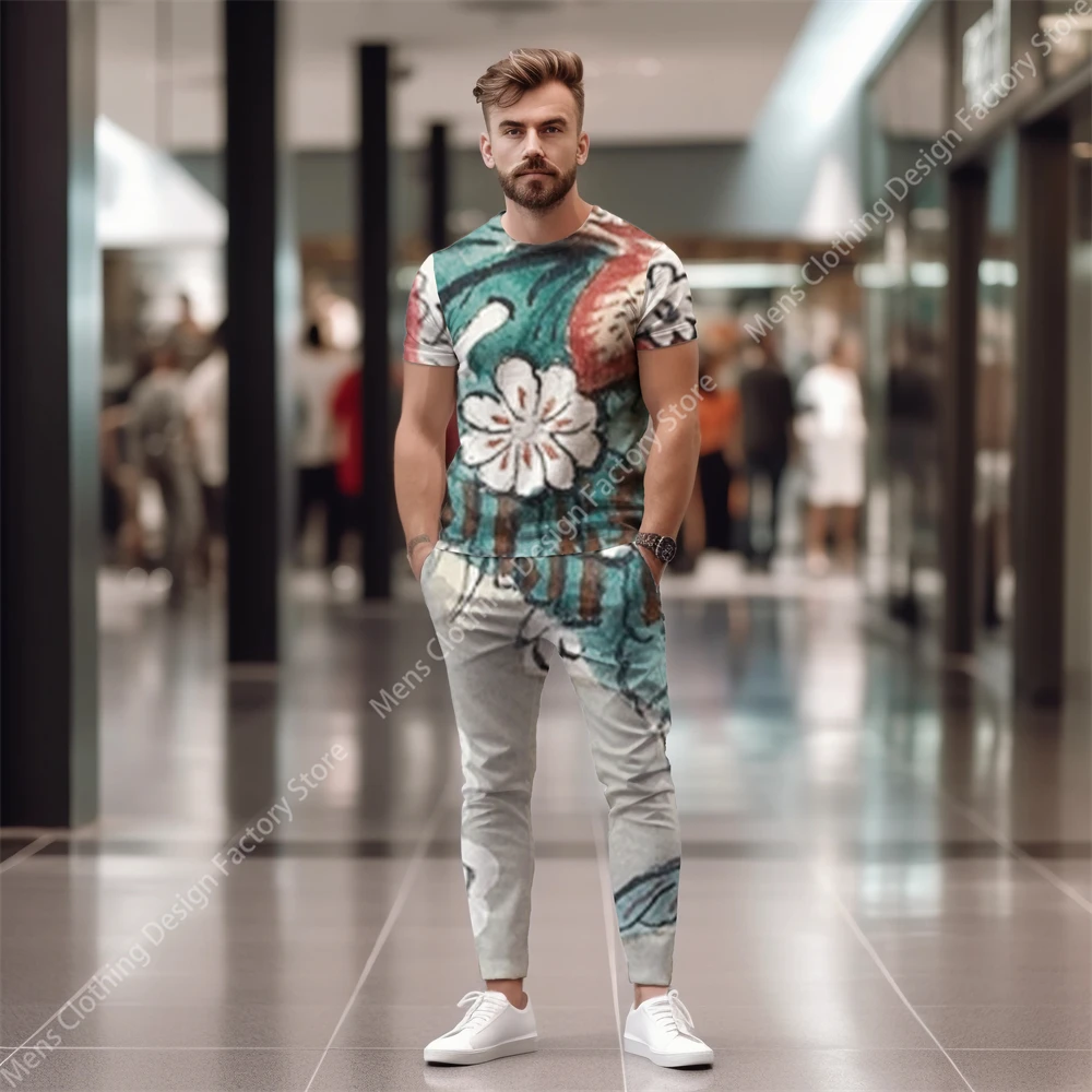 2023 Short Sleeve T-Shirt+Pants Tracksuit Men Two Piece Set Men's Clothing Fashion Graffiti Printed Casual Men's Sweat-Shirt Set