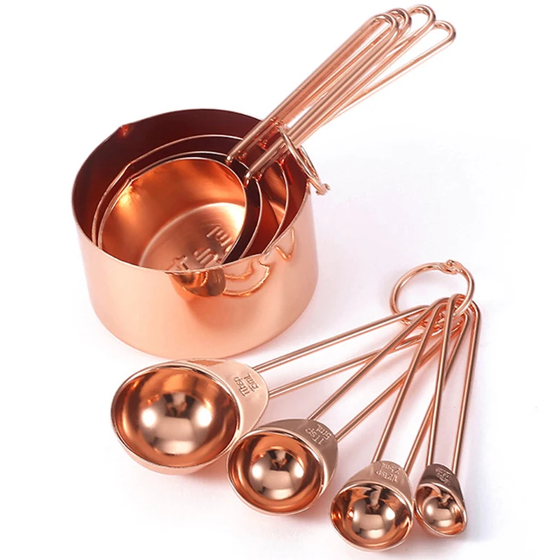 8pcs/set Rose Gold Measuring Spoons Cups Set Retro Baking Measuring Tools With Scale Stainless Steel Kitchen Accessories Gadgets