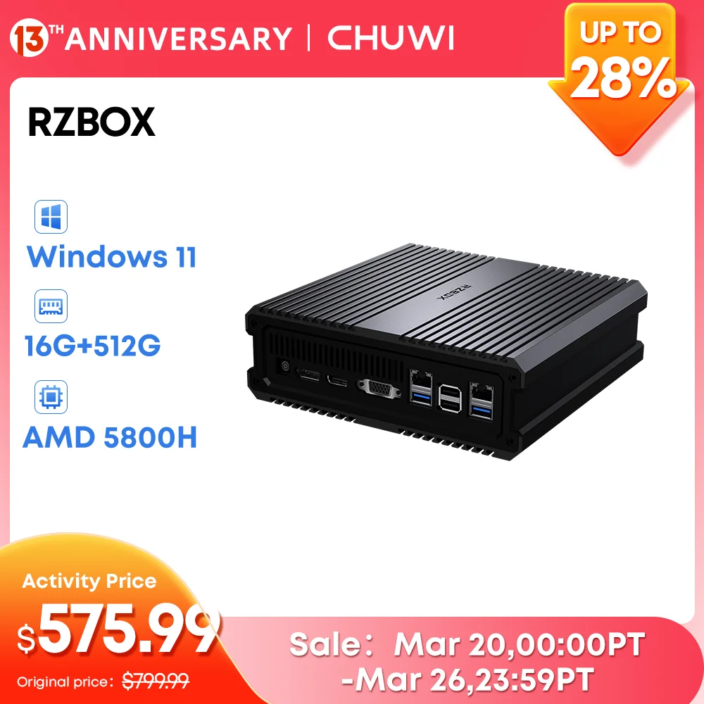 CHUWI RZBOX 16GB 512GB Mini Desktops AMD Ryzen 7 5800H 8 Cores 16 Threads Up to 4.4GHz AMD Radeon Graphics Windows 11 Gaming PC