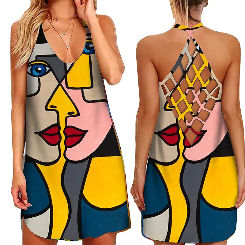 

Женский винтажный сарафан с абстрактным принтом, Повседневное платье в стиле бохо с ажурными подтяжками и 3d-граффити, лето 2022