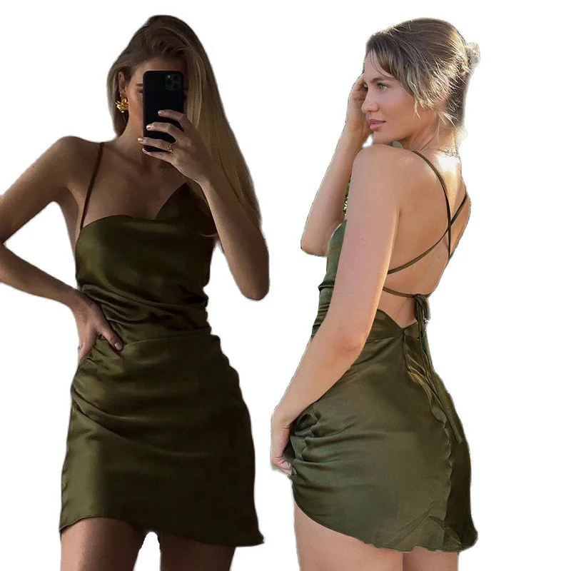 

Summer Satin Women Bodycon Dress Asymmetry Spaghetti Strap Backless Cross Lace Up Sexy Dresses Lady Party Nightclub Mini Vestido