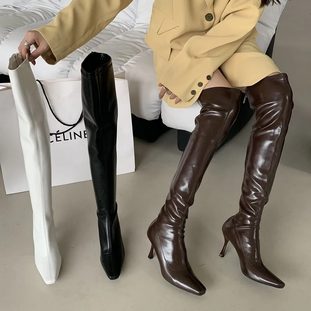

Brown White Black Women Round Toe Over The Knee Boots Thin High Heels Back Zipper Winter Stretch Shoes Fashion Sexy Chelsea Bota