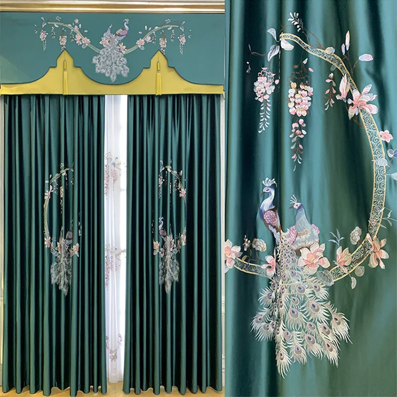 

New Chinese Style Curtain Single Embroidery Peacock Embroidery Curtain Classical Living Room Bedroom Villa Bedroom Embroidery