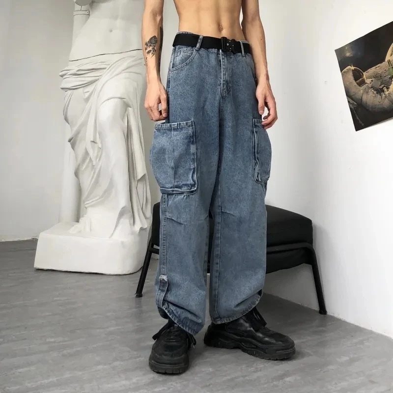 New HIP-HOP Men Grunge Streetwear Gray Baggy Jeans Women Korean Fashion Oversized Pockets Cargo Denim Pants Wide Leg Trousers