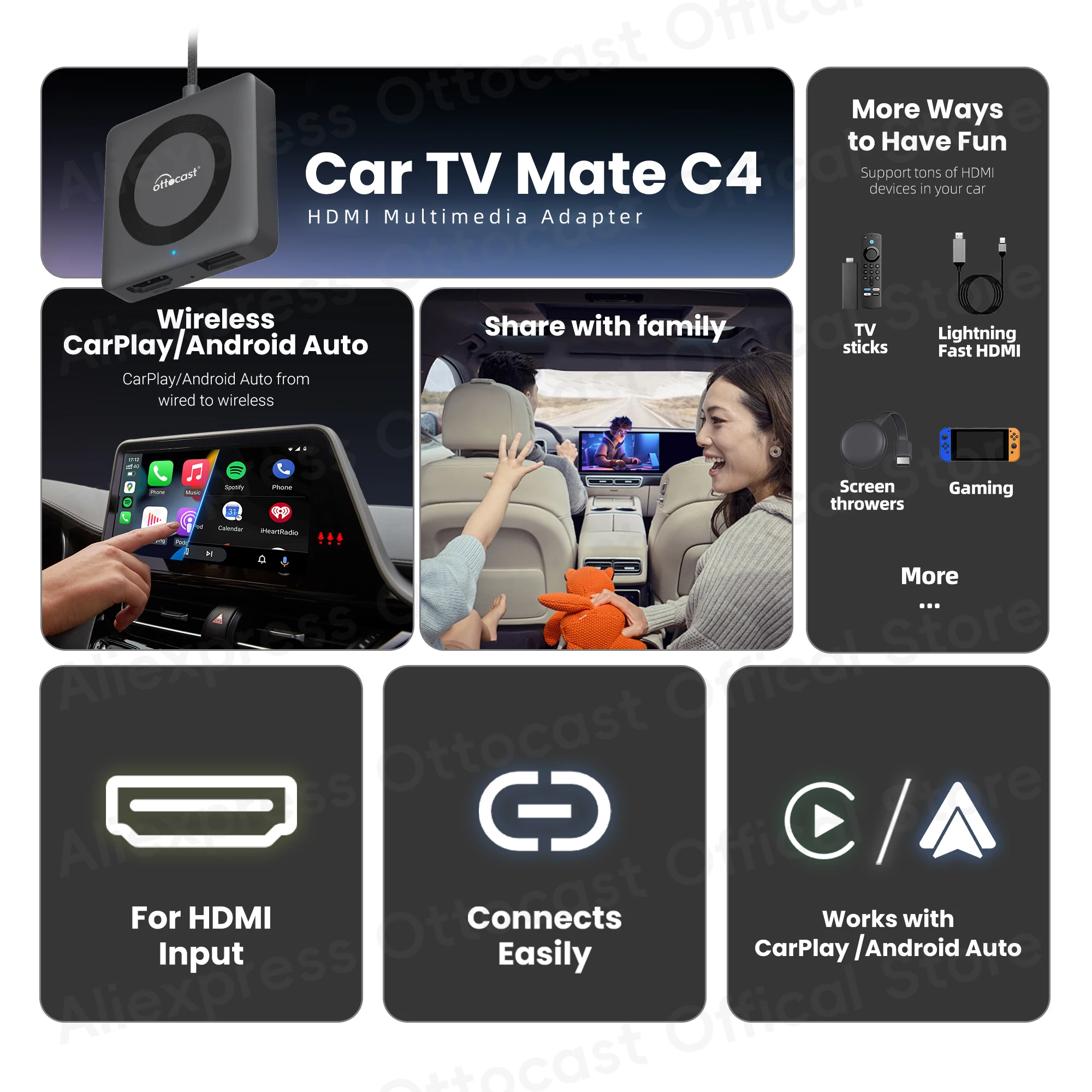 OTTOCAST Автомобильный ТВ Mate Pro C4 для HDMI Мультимедийный адаптер Беспроводной CarPlay Android