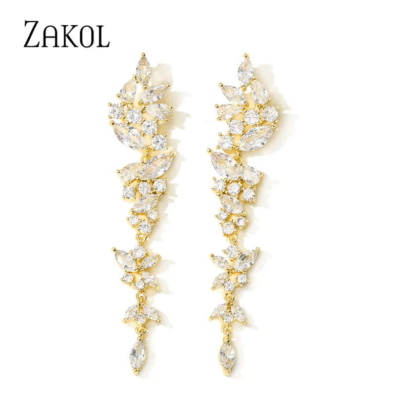 

ZAKOL Exquisite Wedding Design Leaf Ear Line Long Dangle Drop Earrings Jewelry Cubic Zironia Brincos for Women Bijoux FSEP5017