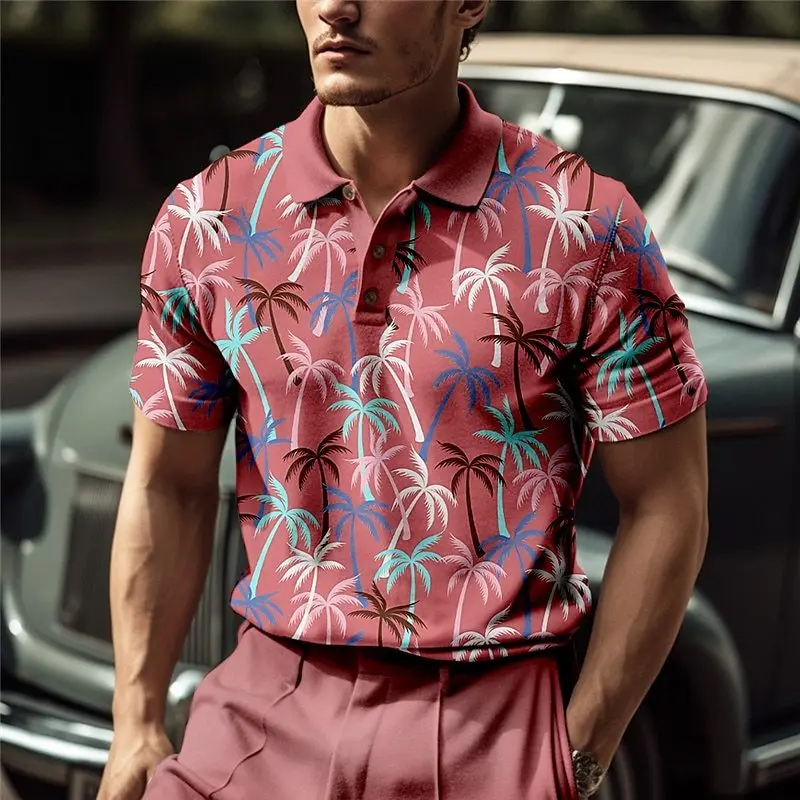 

Summer New Men's Casual Short-Sleeved Polo Shirt Coconut Tree Fashion Lapel T-Shirt Men's Breathable Polo Shirt Men's Clothing