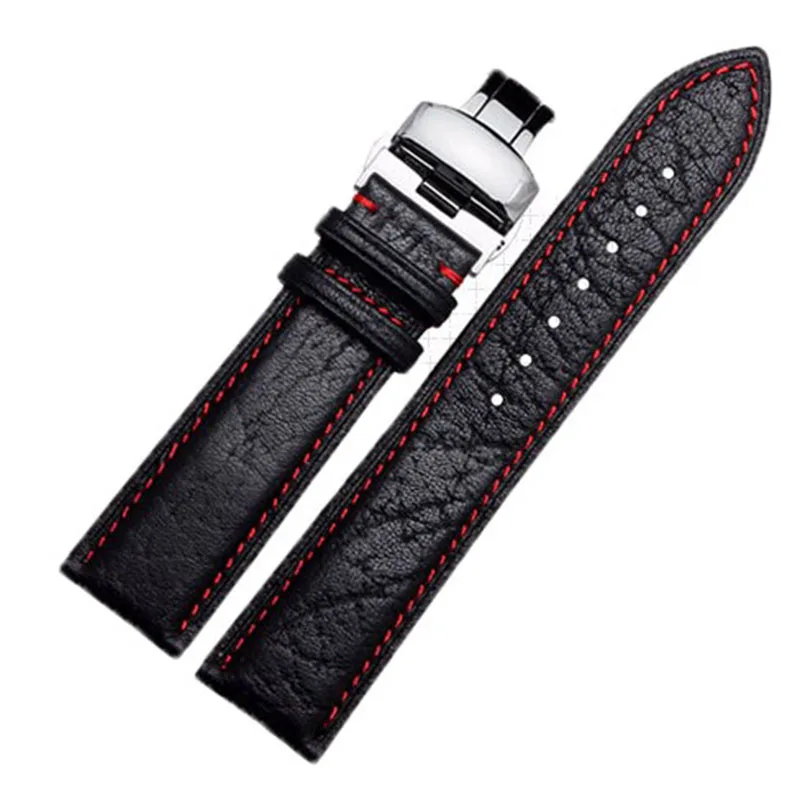 

Wholesale prices 20mm 22mm High Quality Genuine Leather Strap Watch Band Black& red Suture watchband for brand wristband