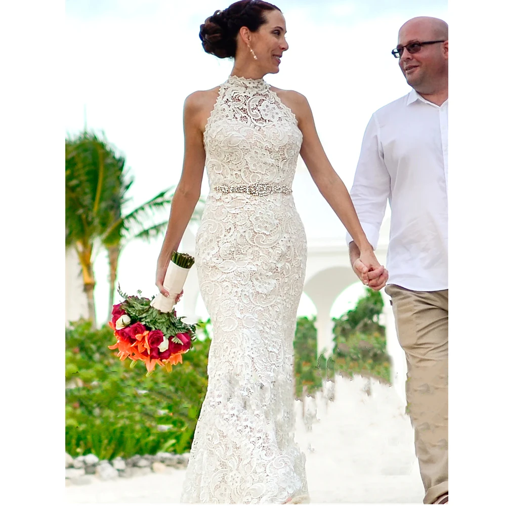 

Винтажное кружевное свадебное платье-русалка, с лямкой на шее и открытой спиной, пляжные свадебные платья в стиле бохо, длинное платье без рукавов для женщин 2023