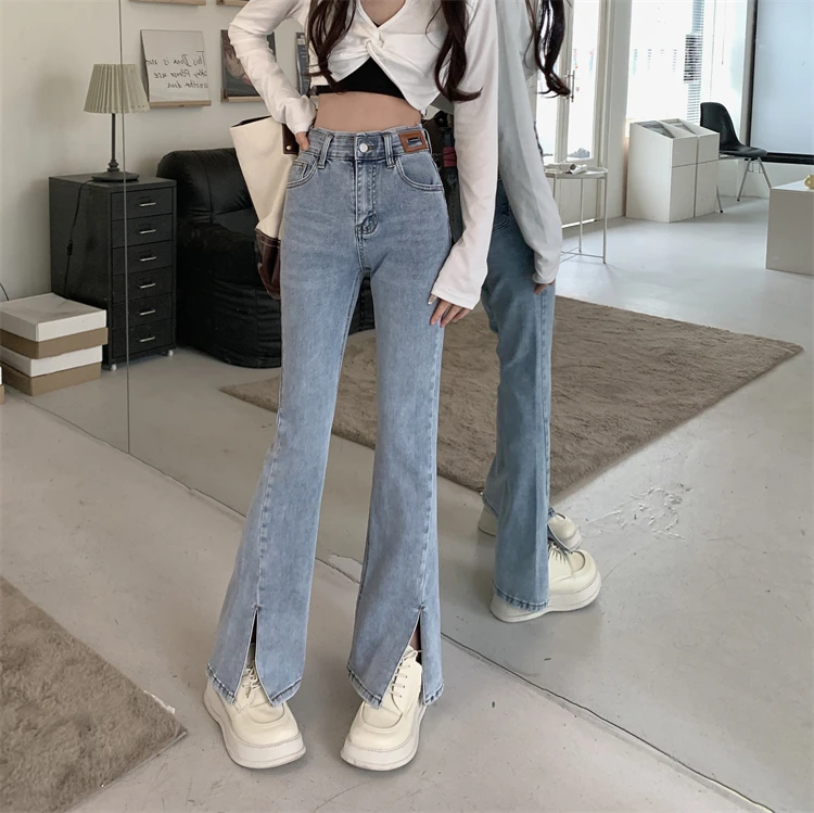 N1060    Slit jeans women's new retro high-waisted slim mopping micro-flare wide-leg pants jeans