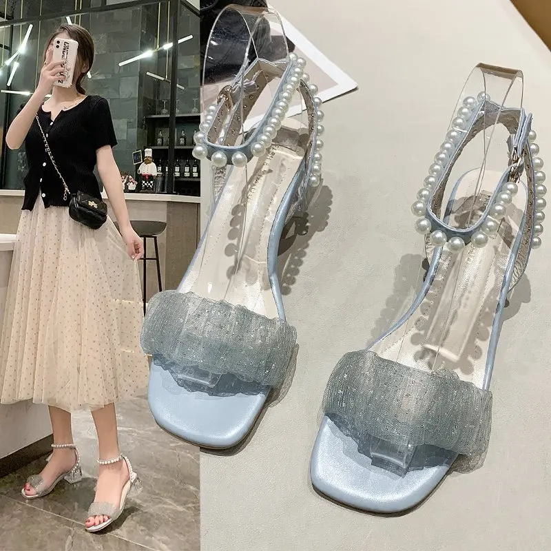 

Roman Chunky Heel Sandals for Women 2023 New Fairy Style High Heel Mid Heel Lace Soft-Looking Pearl Shoes 4355
