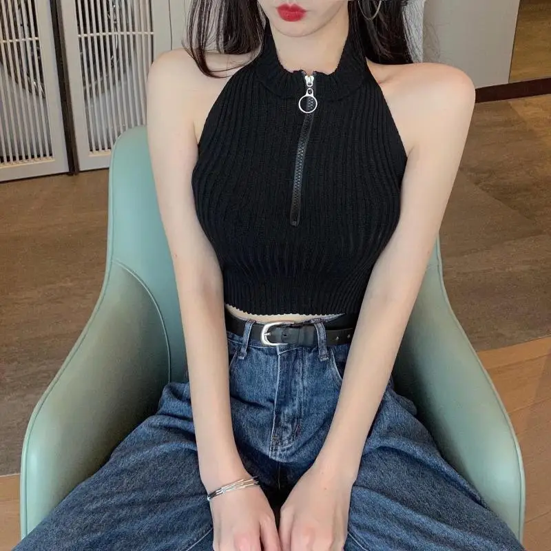 

Fashion Sexy Knitted Camisole Women Crop Bandage Halter Long Sleeve Top+ Wide Leg High Waist Summer Korean Outfits