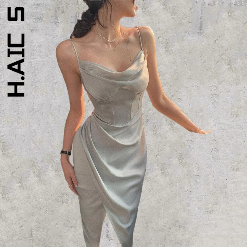 

H.Aic S New Dress Women Ruched Midi Dress Spaghetti Strap Sexy Bodycon Lazy Robe All-Match Dresses Woman Female Vestidos