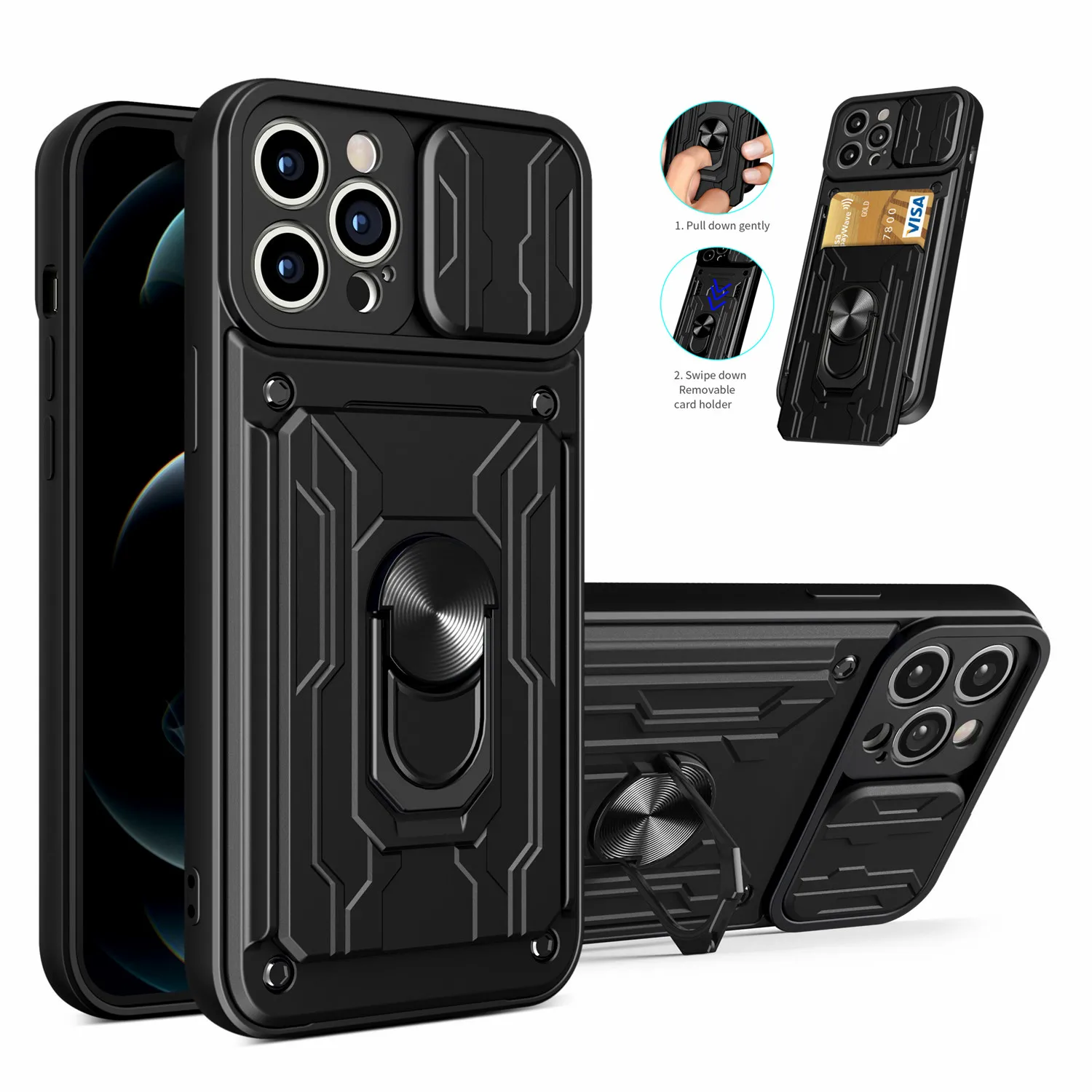

Shockproof Armor Case For iPhone 14 13 12 11 Pro Max Xs XR 7 8 Plus Car Magnetic Card Holder Push Window Camera Protect Cover
