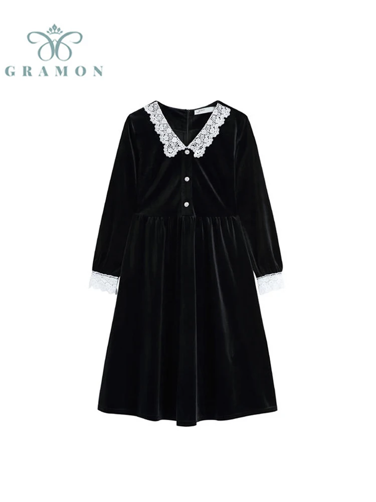 

French Retro Dress Women Lace Patchwork Black Velvet V Neck Elegant Party Dresses Lady 2022 Button Casual Tide Mid-Calf Vestiods
