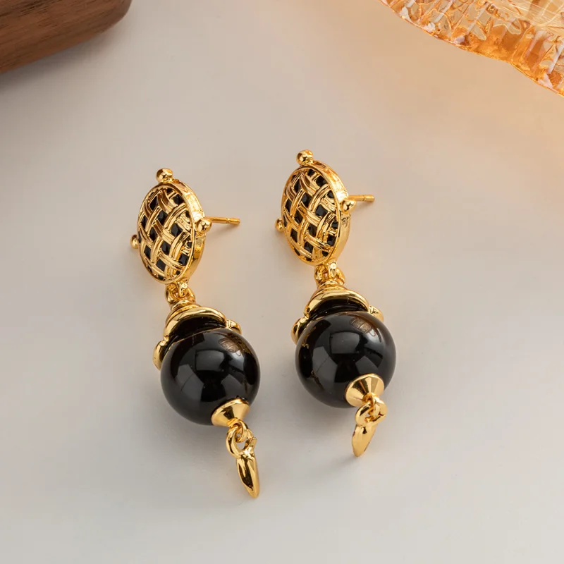 

Minar Stylish Black Color Agate Natural Stone Long Dangle Earrings for Women 18K Real Gold Plated Brass Hollow Braid Earring