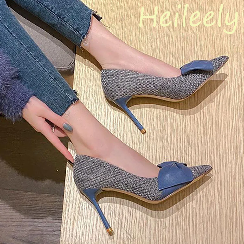 

Женские туфли-лодочки на толстом каблуке 8 см, конопляная обувь с острым носком и бантом, размеры 39, 40, 41