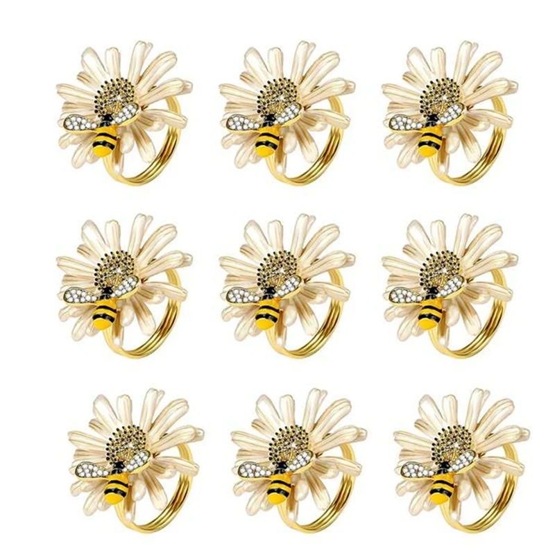 

9Pcs Daisy Sunflower Napkin Rings Gold Bee Napkin Ring Holders For Formal Or Casual Dinning Table Decor