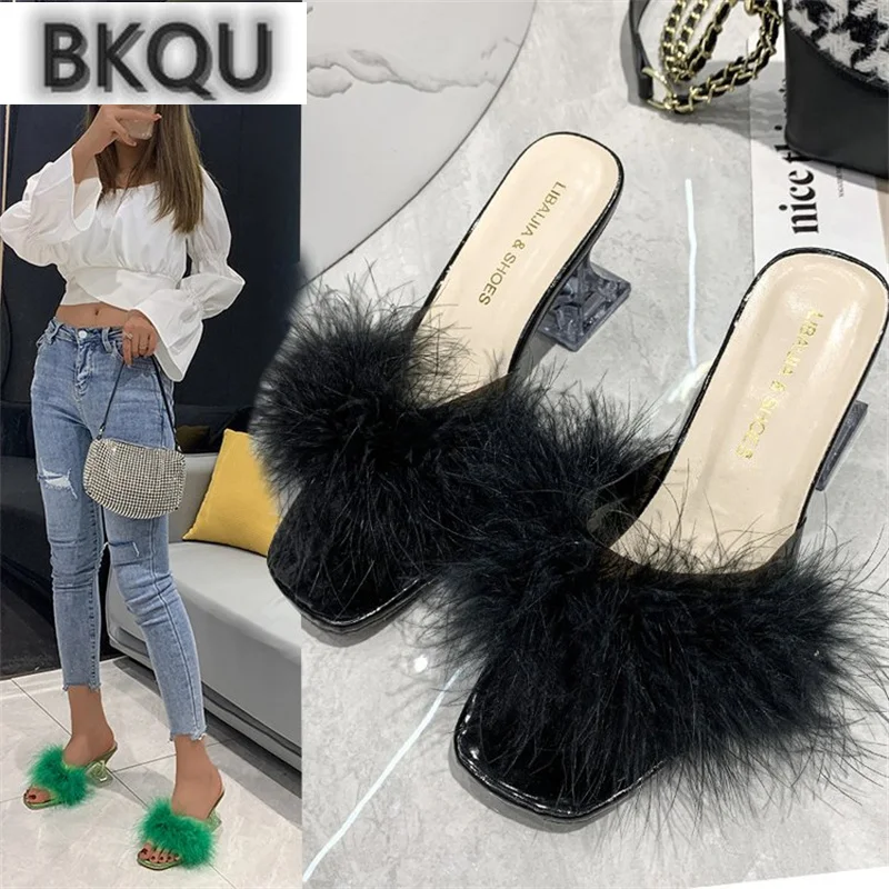 

2022 summer new fashion plush sandals temperament women's slippers square toe transparent heel sexy high heels