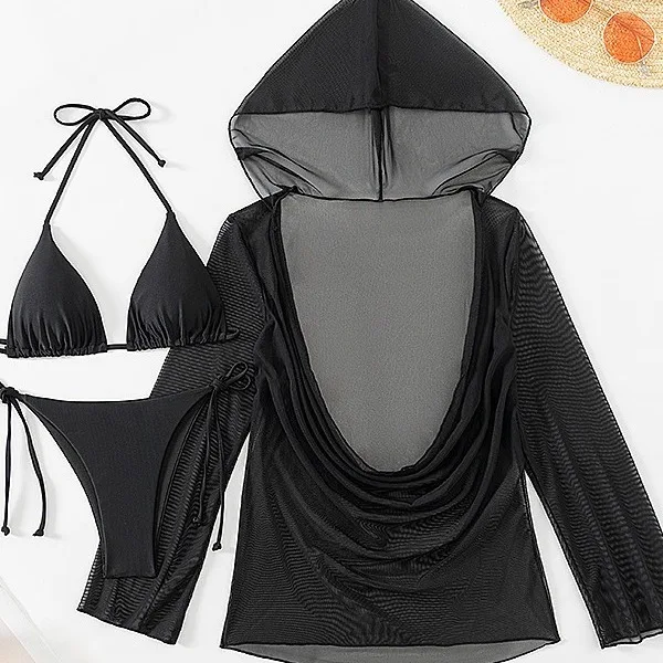 3 шт. однотонные стринги бикини 2024 Женская сетчатая блузка накидка купальник