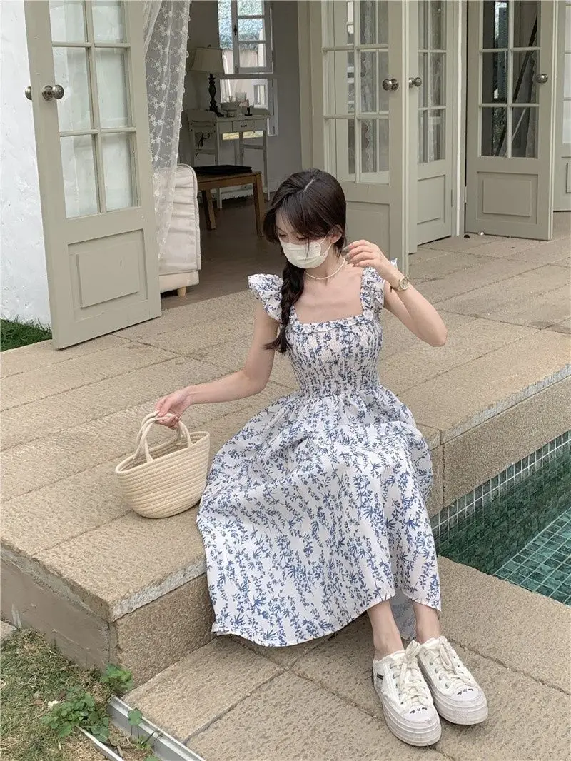 Новинка 2024 стильное свежее и милое приталенное синее платье с разрезом длинное