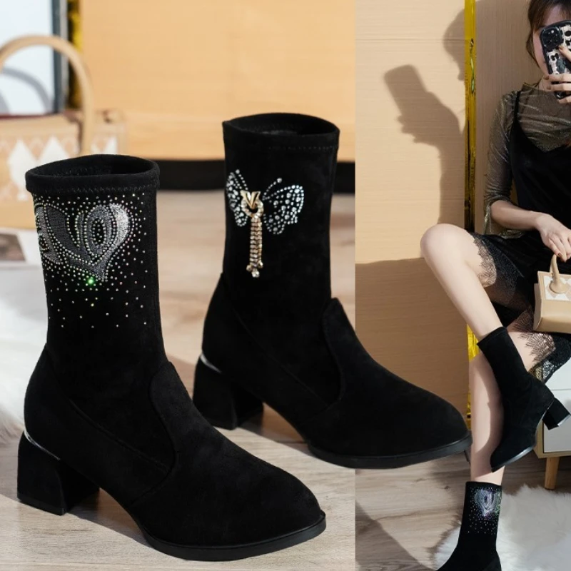 

2023 New Winter Fashion Women Wedges Ankle Boots Increasing Height Shoes Gauze High Heels Booties Metal Rhinestone Botas Mujer