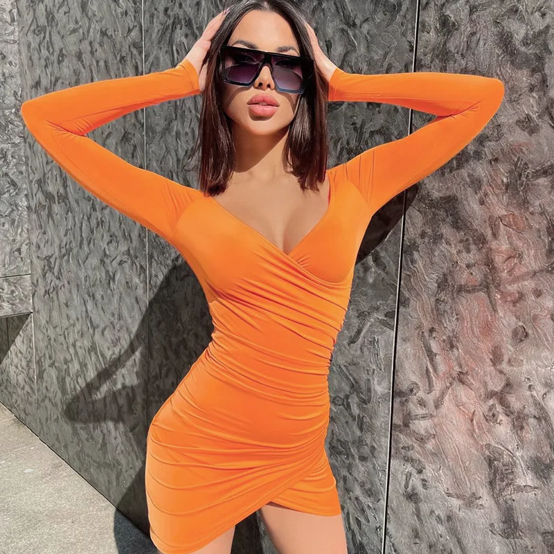 

New Sexy Bodycon Women Dress Elegant Solid Deep V Neck Ruched Mini Party Dresses Casual Autumn Black Long Sleeve Slim Dress