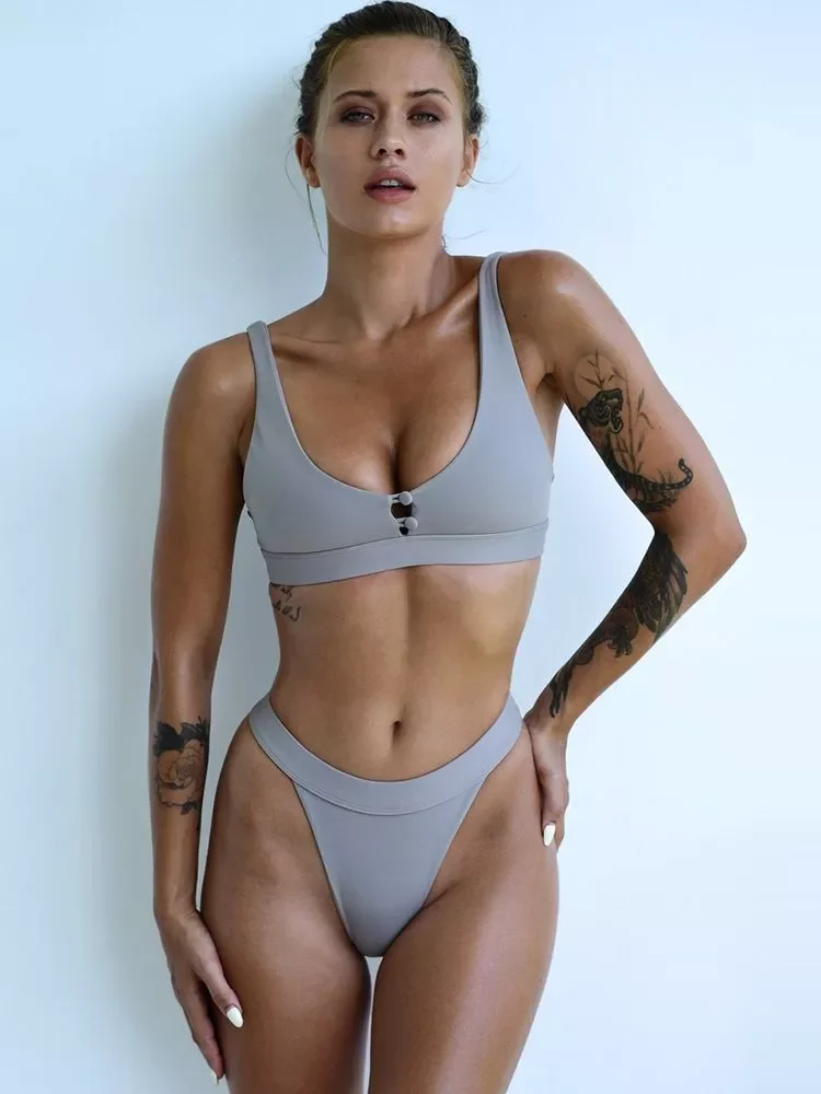

2022 New Sexy Bikini Women Two Pieces Swimsuit Button Swimwear Female Solid Bathing Suit Summer Beach Wear Swimming Suit Biquini