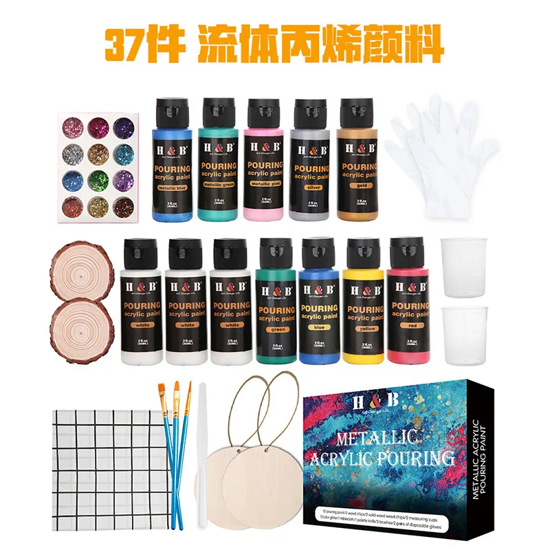 Cena 37 Pieces Fluid Acrylic Painting Set 12 Colors 60ml Pearlescent Metallic Pouring Acrylic Log Sequins DIY Student Art Tools