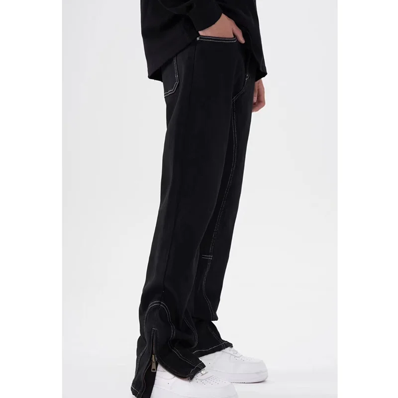 Streetwear Men 2022 Autumn and Winter New Pattern Self-cultivation Black Pencil Pants Zipped Slit Middle-waisted Jeans Female