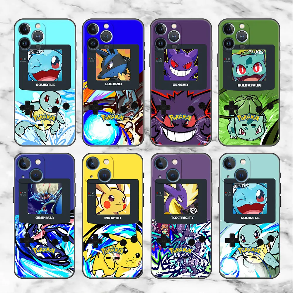 

Phone Black Case For iPhone XS XR X 8 7 6 6S Plus 13 14 11 12 Pro Max 13 12Mini Silicone Funda Cover Pikachu Gengar Game Console