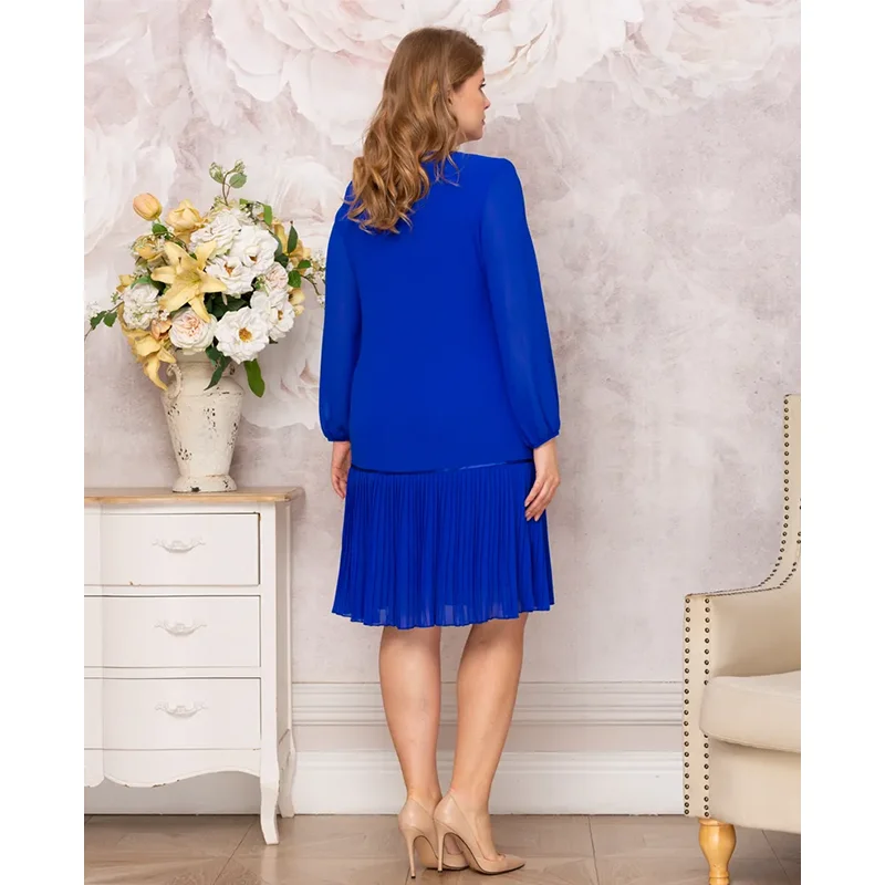 Plus Size Round Neck Luxury Dress 4XL5XL Loose Long Sleeve Blue Elegant Pleated Dress Spring Summer Plus Size Women Party Dress