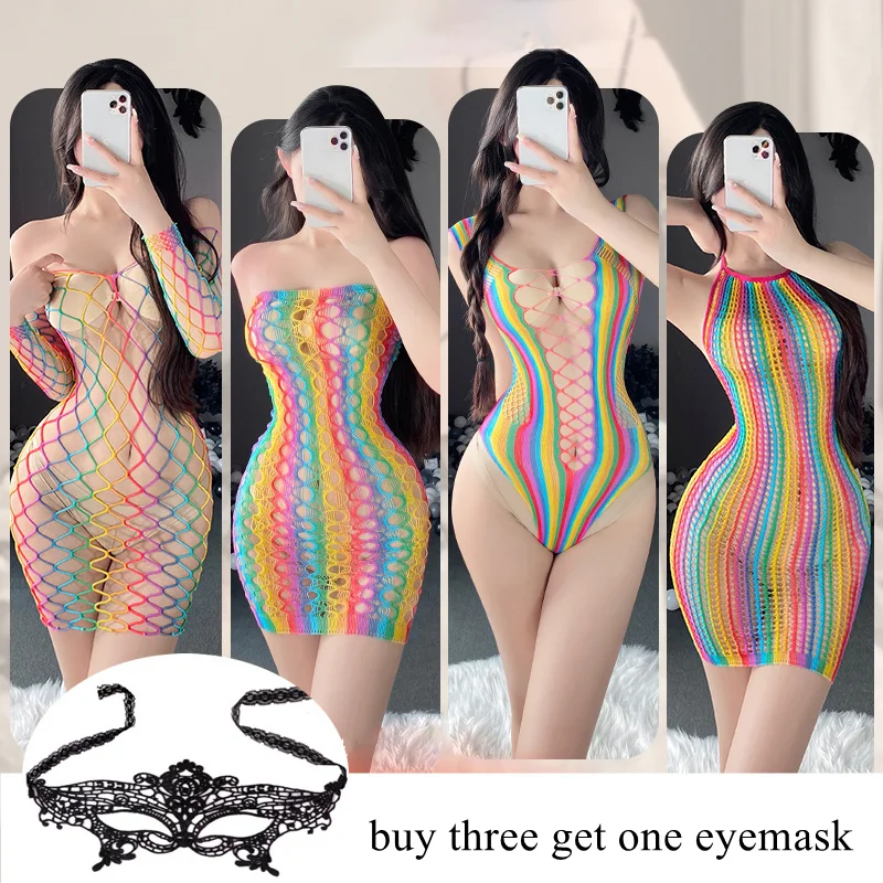 

Радужное разноцветное платье в сеточку, женское сексуальное прозрачное платье-комбинация с вырезами, вечернее платье, горячие фотокостюмы